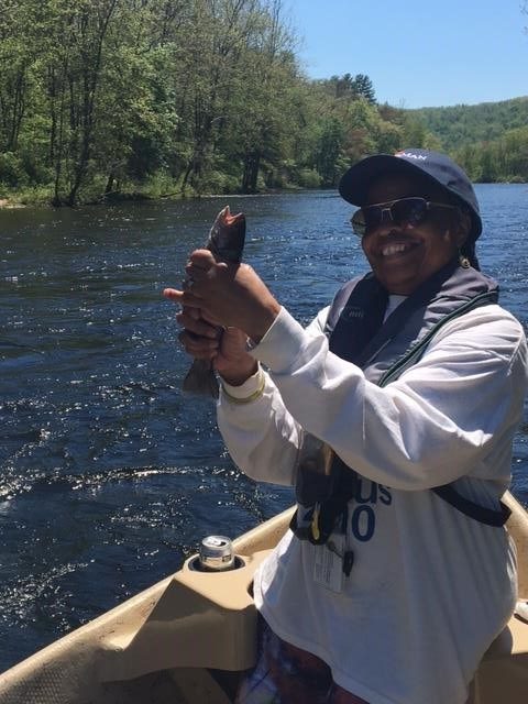 Stephanie with her first trout on the fly 